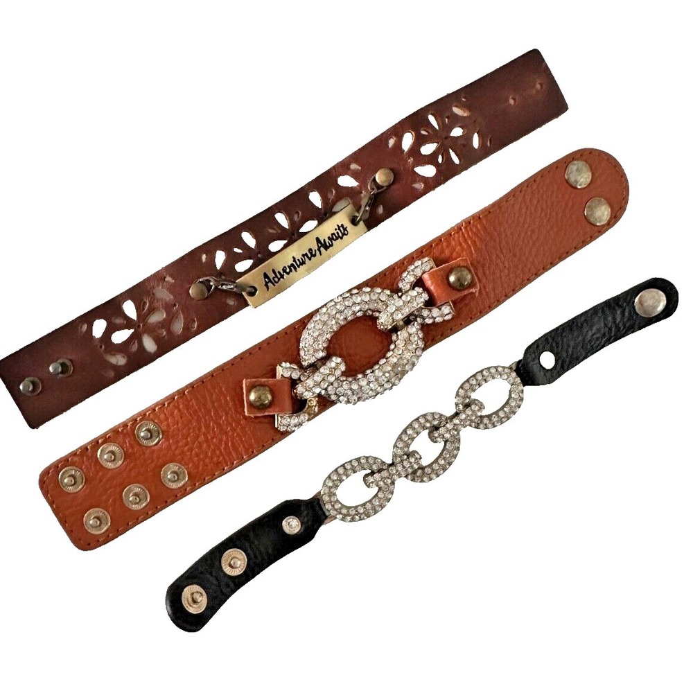 Bracelet Adventure Awaits Faux Leather Rhinestone links Brown Black Lot of 3